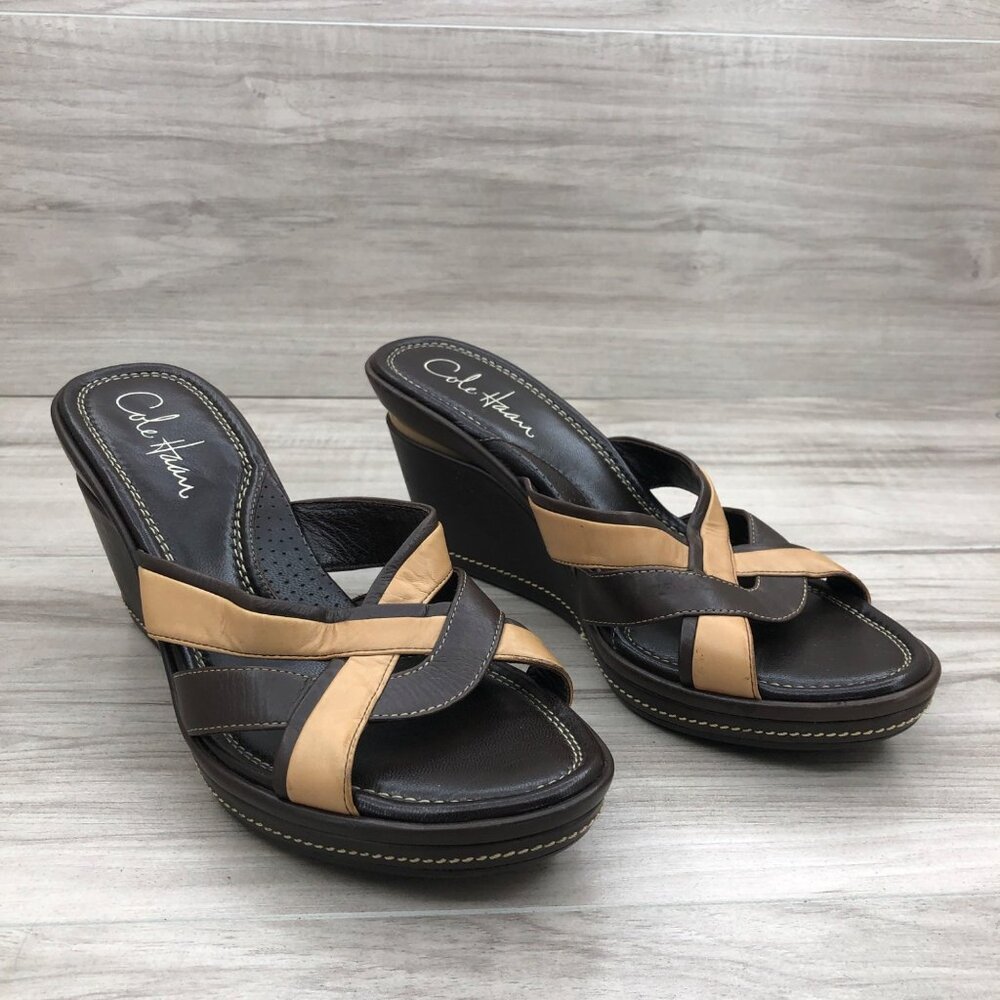 Cole Haan Wedge Sandals Womens 7AA Gabby Brown Leather Slip On Shoes